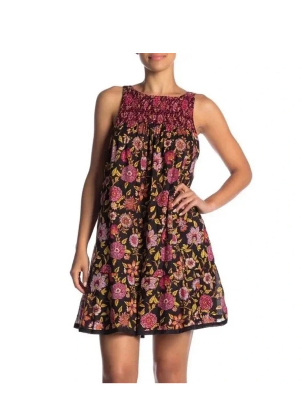Free People M Floral Smocked Neck Sleeveless Mini Dress - Black with Pink Floral